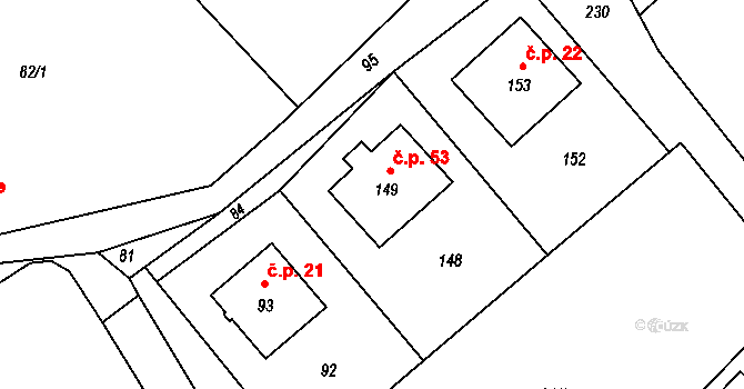Olbramice 53 na parcele st. 149 v KÚ Olbramice, Katastrální mapa