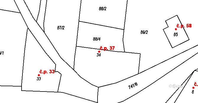 Dolní Poříčí 37, Horní Poříčí na parcele st. 34 v KÚ Dolní Poříčí, Katastrální mapa