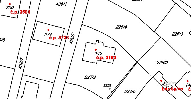 Znojmo 3193 na parcele st. 142 v KÚ Znojmo-Hradiště, Katastrální mapa