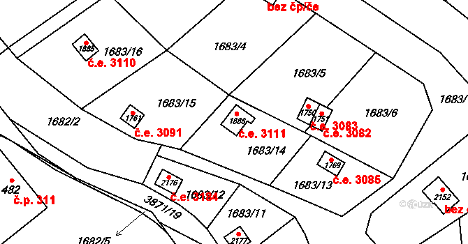 Trhové Sviny 3111 na parcele st. 1886 v KÚ Trhové Sviny, Katastrální mapa
