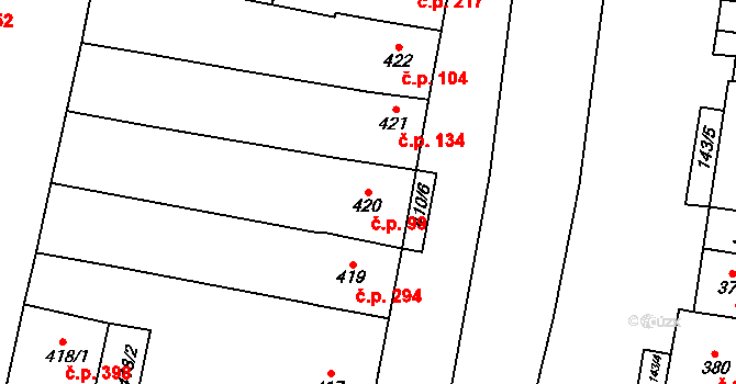 Měnín 99 na parcele st. 420 v KÚ Měnín, Katastrální mapa