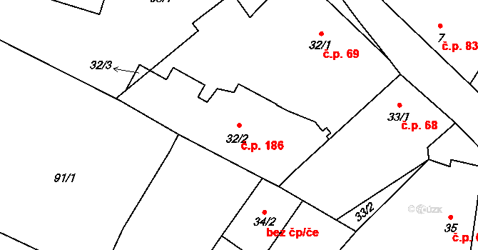 Sedlec 186, Sedlec-Prčice na parcele st. 32/2 v KÚ Sedlec u Votic, Katastrální mapa