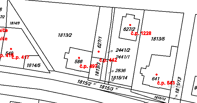 Třebechovice pod Orebem 442 na parcele st. 627/1 v KÚ Třebechovice pod Orebem, Katastrální mapa
