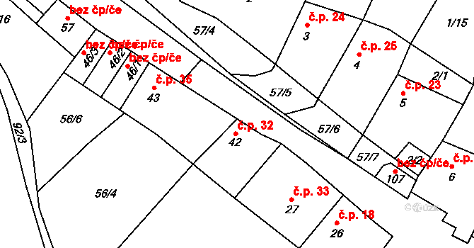 Brzánky 32 na parcele st. 42 v KÚ Brzánky, Katastrální mapa