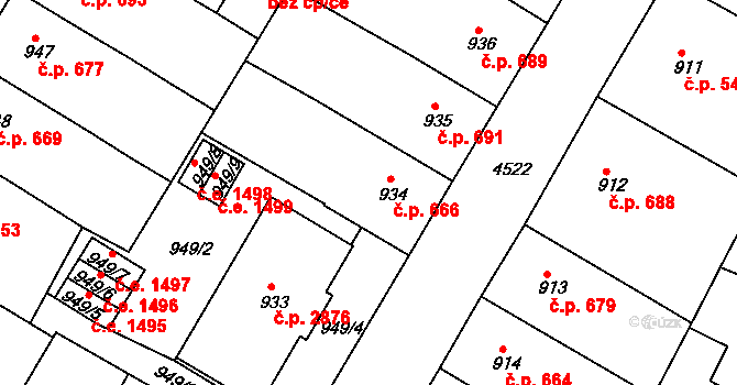 Teplice 666 na parcele st. 934 v KÚ Teplice, Katastrální mapa