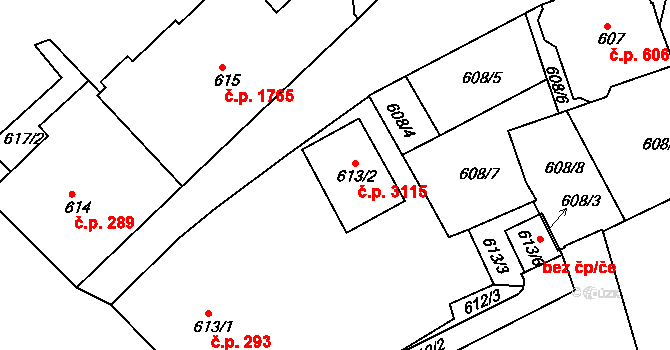 Teplice 3115 na parcele st. 613/2 v KÚ Teplice, Katastrální mapa