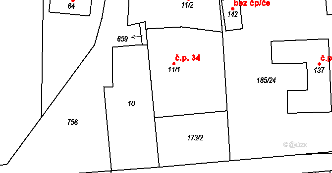 Ješovice 34, Liběchov na parcele st. 11/1 v KÚ Ješovice, Katastrální mapa