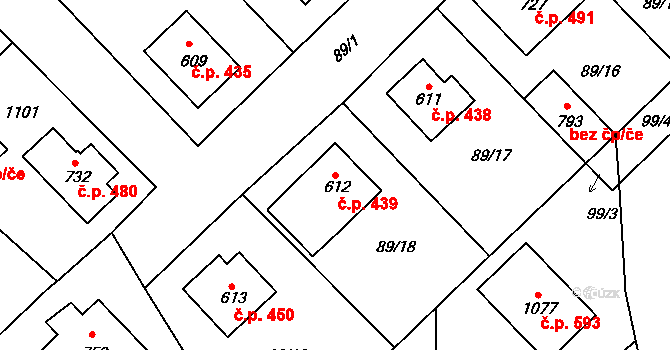 Sendražice 439, Kolín na parcele st. 612 v KÚ Sendražice u Kolína, Katastrální mapa