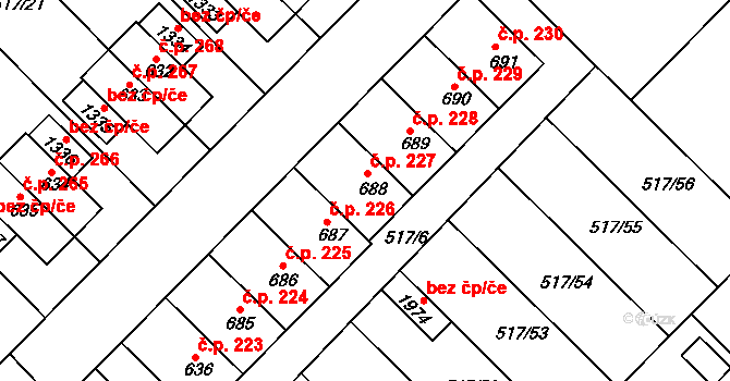 Čejetičky 227, Mladá Boleslav na parcele st. 688 v KÚ Čejetice u Mladé Boleslavi, Katastrální mapa
