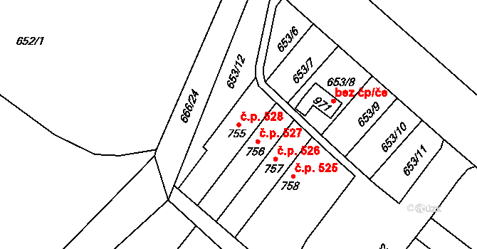 Borohrádek 528 na parcele st. 755 v KÚ Borohrádek, Katastrální mapa