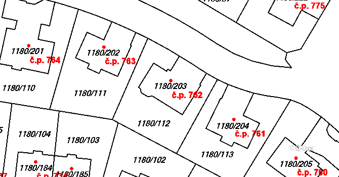 Nebušice 762, Praha na parcele st. 1180/203 v KÚ Nebušice, Katastrální mapa