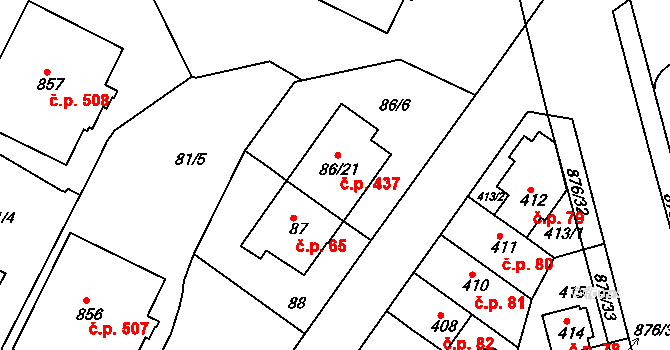 Střížkov 437, Praha na parcele st. 86/21 v KÚ Střížkov, Katastrální mapa
