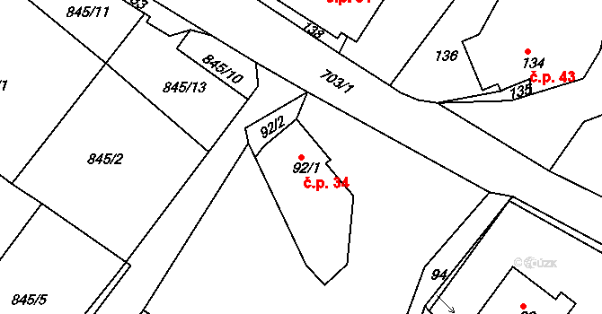 Čenkov 34 na parcele st. 92/1 v KÚ Čenkov u Příbramě, Katastrální mapa