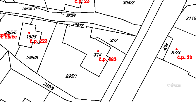 Rokytnice 183, Vsetín na parcele st. 314 v KÚ Rokytnice u Vsetína, Katastrální mapa