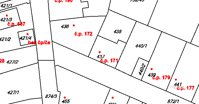 Poříčany 171 na parcele st. 437 v KÚ Poříčany, Katastrální mapa