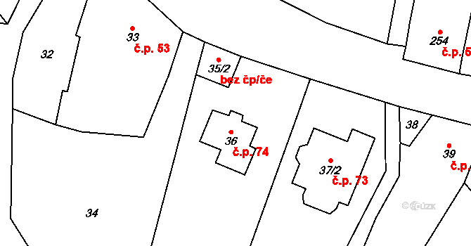 Lutotín 74, Bílovice-Lutotín na parcele st. 36 v KÚ Lutotín, Katastrální mapa