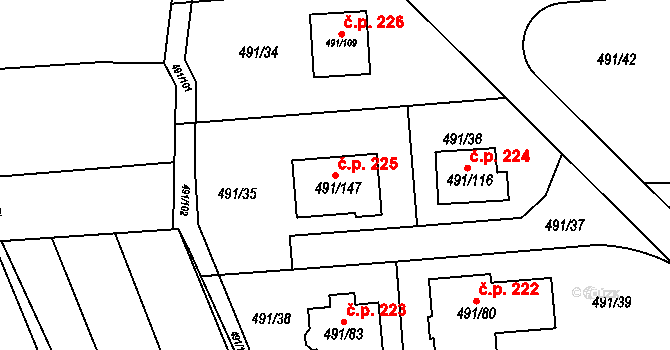 Kanice 225 na parcele st. 491/147 v KÚ Kanice, Katastrální mapa