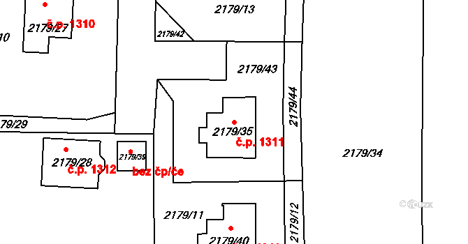 Valašské Meziříčí 1311 na parcele st. 2179/35 v KÚ Valašské Meziříčí-město, Katastrální mapa