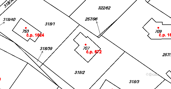 Struhařov 672, Kamenice na parcele st. 707 v KÚ Štiřín, Katastrální mapa
