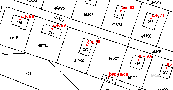 Červené Janovice 60 na parcele st. 291 v KÚ Červené Janovice, Katastrální mapa