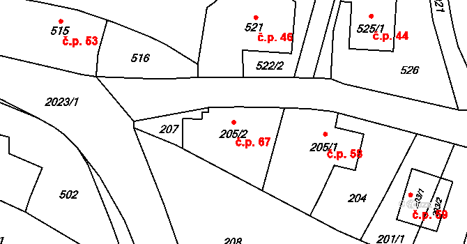 Koblov 67, Ostrava na parcele st. 205/2 v KÚ Koblov, Katastrální mapa