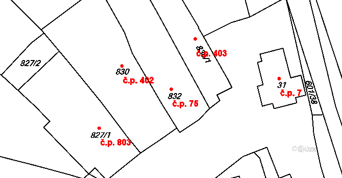 Buchlovice 75 na parcele st. 832 v KÚ Buchlovice, Katastrální mapa