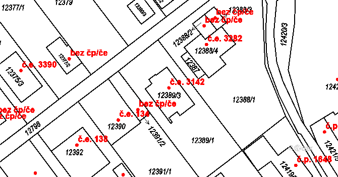 Severní Předměstí 3142, Plzeň na parcele st. 12389/3 v KÚ Plzeň, Katastrální mapa
