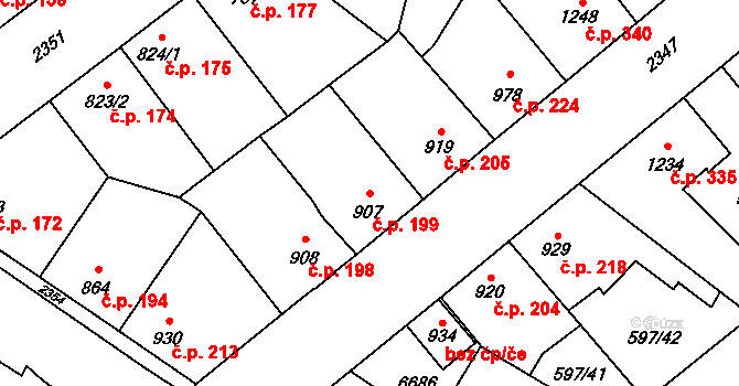 Beroun-Závodí 199, Beroun na parcele st. 907 v KÚ Beroun, Katastrální mapa