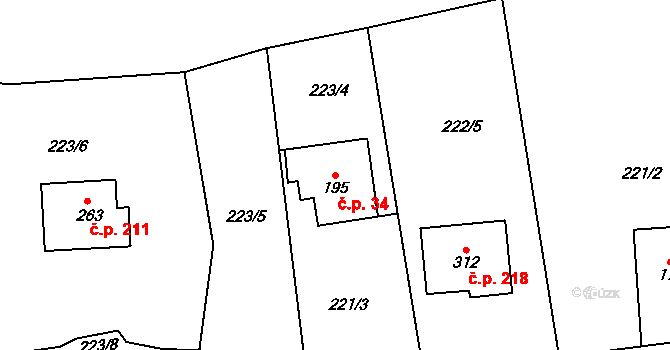 Velký Dřevíč 34, Hronov na parcele st. 195 v KÚ Velký Dřevíč, Katastrální mapa