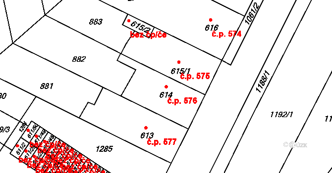 Svítkov 576, Pardubice na parcele st. 614 v KÚ Svítkov, Katastrální mapa