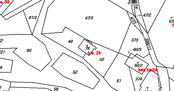 Bušín 29 na parcele st. 78 v KÚ Hartíkov, Katastrální mapa