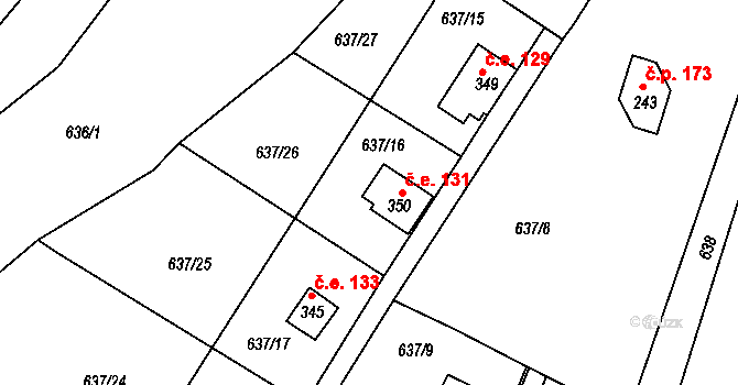 Zbečno 131 na parcele st. 350 v KÚ Zbečno, Katastrální mapa