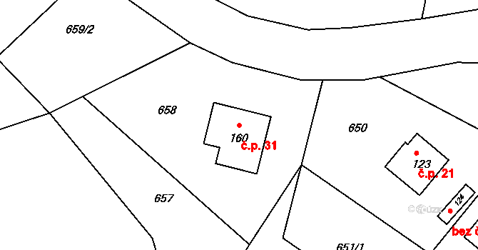 Opřetice 31, Bystřice na parcele st. 160 v KÚ Jinošice, Katastrální mapa