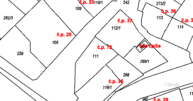 Březové 72, Litovel na parcele st. 111 v KÚ Unčovice, Katastrální mapa