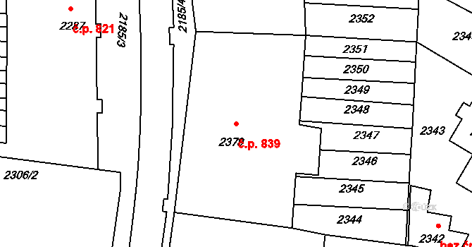 Hustopeče 839 na parcele st. 2379 v KÚ Hustopeče u Brna, Katastrální mapa