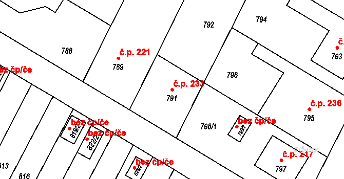 Rychlov 233, Bystřice pod Hostýnem na parcele st. 791 v KÚ Rychlov u Bystřice pod Hostýnem, Katastrální mapa