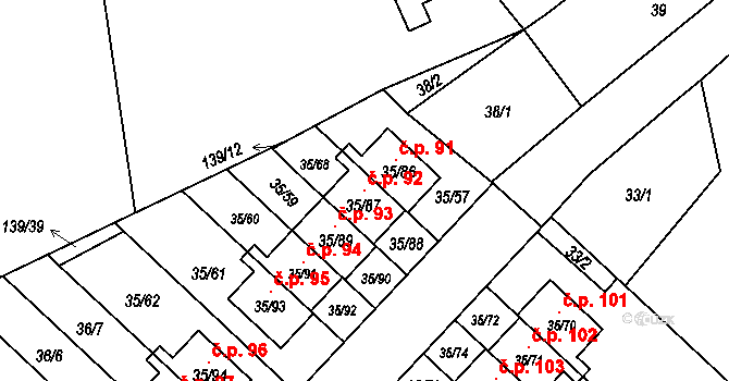 Myslinka 92 na parcele st. 35/87 v KÚ Myslinka, Katastrální mapa