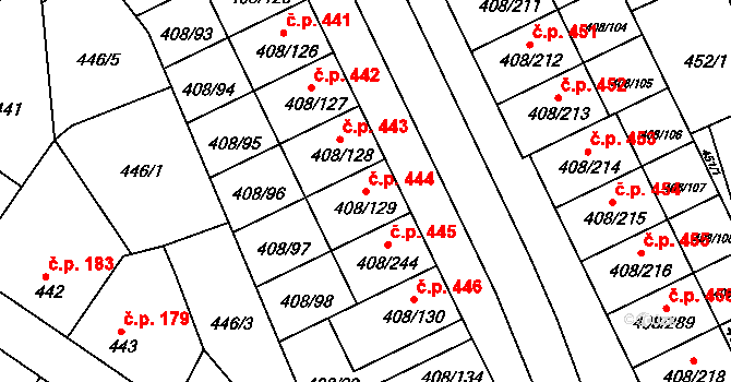 Dobšice 444 na parcele st. 408/129 v KÚ Dobšice u Znojma, Katastrální mapa