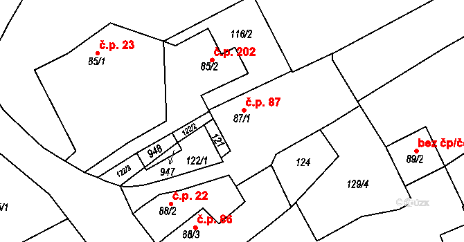 Soběchleby 87 na parcele st. 87/1 v KÚ Soběchleby, Katastrální mapa
