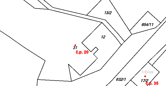 Chodeč 20, Vysoká na parcele st. 31 v KÚ Chodeč u Mělníka, Katastrální mapa