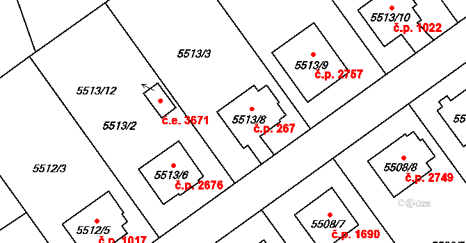 Jihlava 267 na parcele st. 5513/8 v KÚ Jihlava, Katastrální mapa