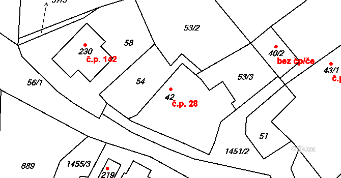 Kondrac 28 na parcele st. 42 v KÚ Kondrac, Katastrální mapa
