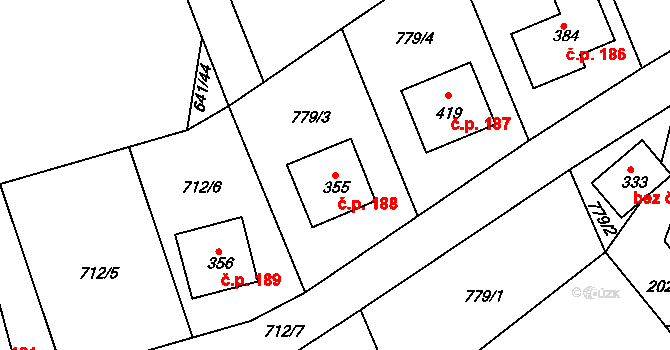 Kamenec u Poličky 188 na parcele st. 355 v KÚ Kamenec u Poličky, Katastrální mapa