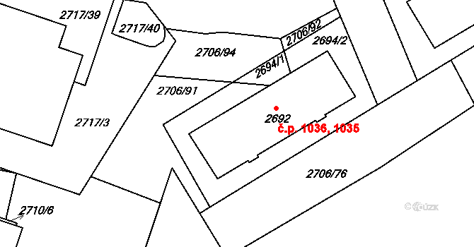 Hulín 1035,1036 na parcele st. 2692 v KÚ Hulín, Katastrální mapa