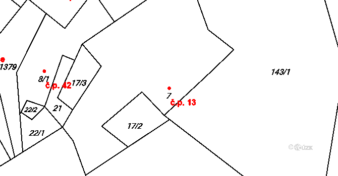 Ždírec 13 na parcele st. 7 v KÚ Ždírec v Podbezdězí, Katastrální mapa