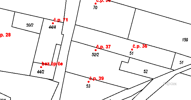 Vrbice 37 na parcele st. 52/2 v KÚ Vrbice u Roudnice nad Labem, Katastrální mapa