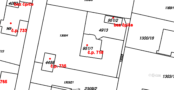 Rožnov pod Radhoštěm 718 na parcele st. 951/1 v KÚ Rožnov pod Radhoštěm, Katastrální mapa