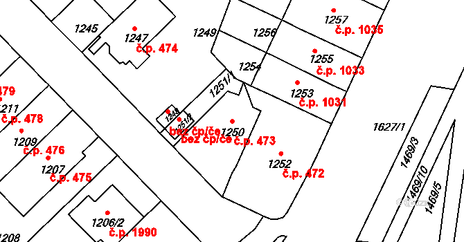 Černá Pole 473, Brno na parcele st. 1250 v KÚ Černá Pole, Katastrální mapa