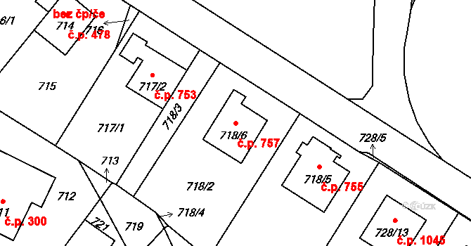 Ruzyně 757, Praha na parcele st. 718/6 v KÚ Ruzyně, Katastrální mapa