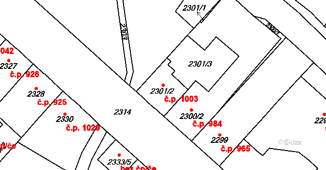 Chomutov 1003 na parcele st. 2301/2 v KÚ Chomutov I, Katastrální mapa